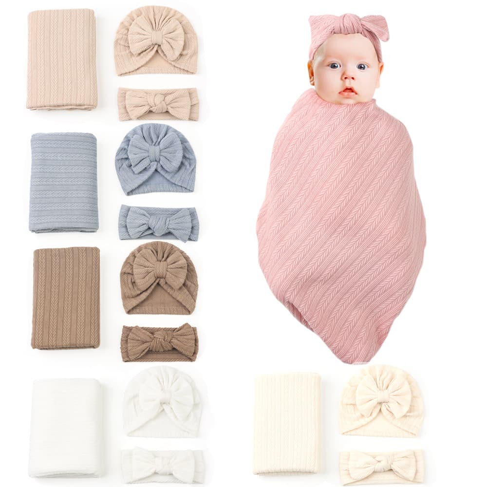 Foreign trade cross-border baby swaddle blanket set, newborn polyester-cotton solid color wheat ear pattern 3-piece set