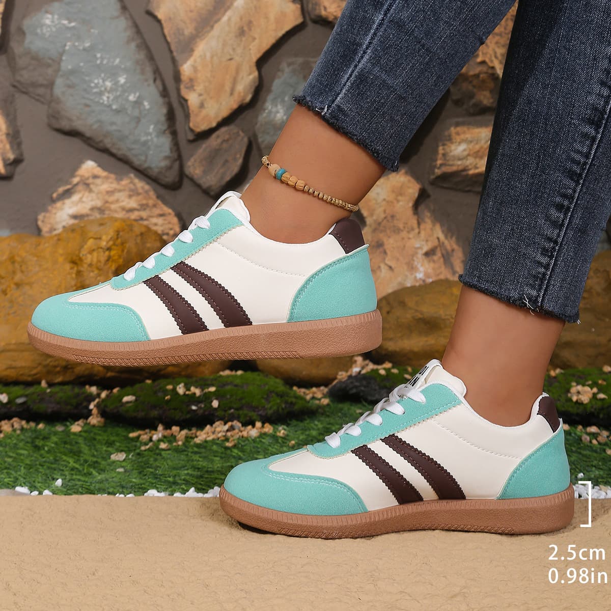 New Cross-Border Large Size Casual Soft Sole Women's Shoes, Color Block Retro Ins Trend Sports Skateboarding Shoes, German Army Trainer White Shoes for Women
