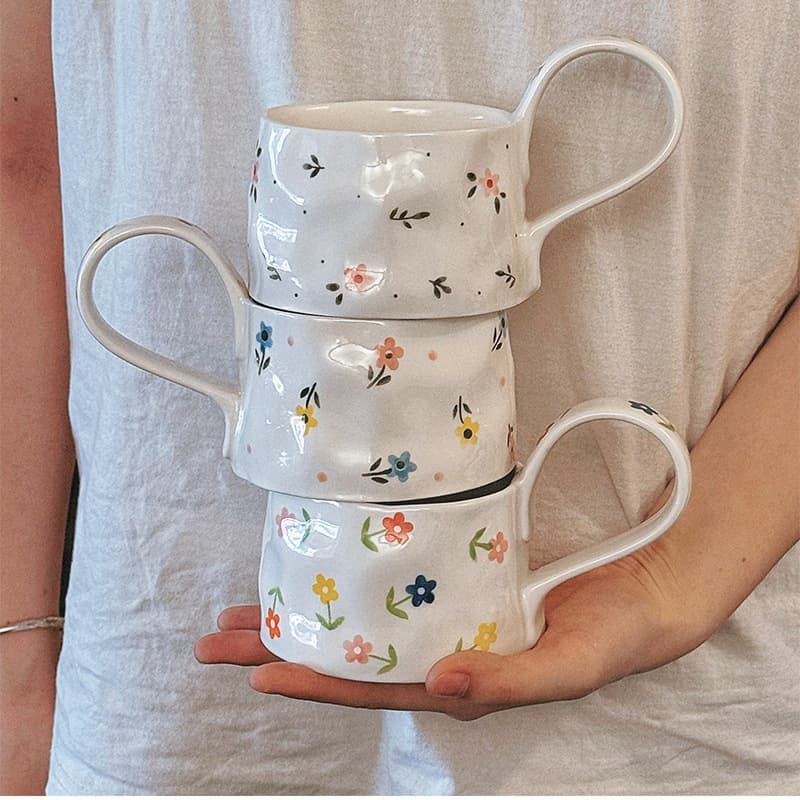 Korean Ins Blogger Same Style Hand-Painted Floral Ceramic Cup and Saucer Under-Glaze Coffee Cup Breakfast Cup Gift Cup