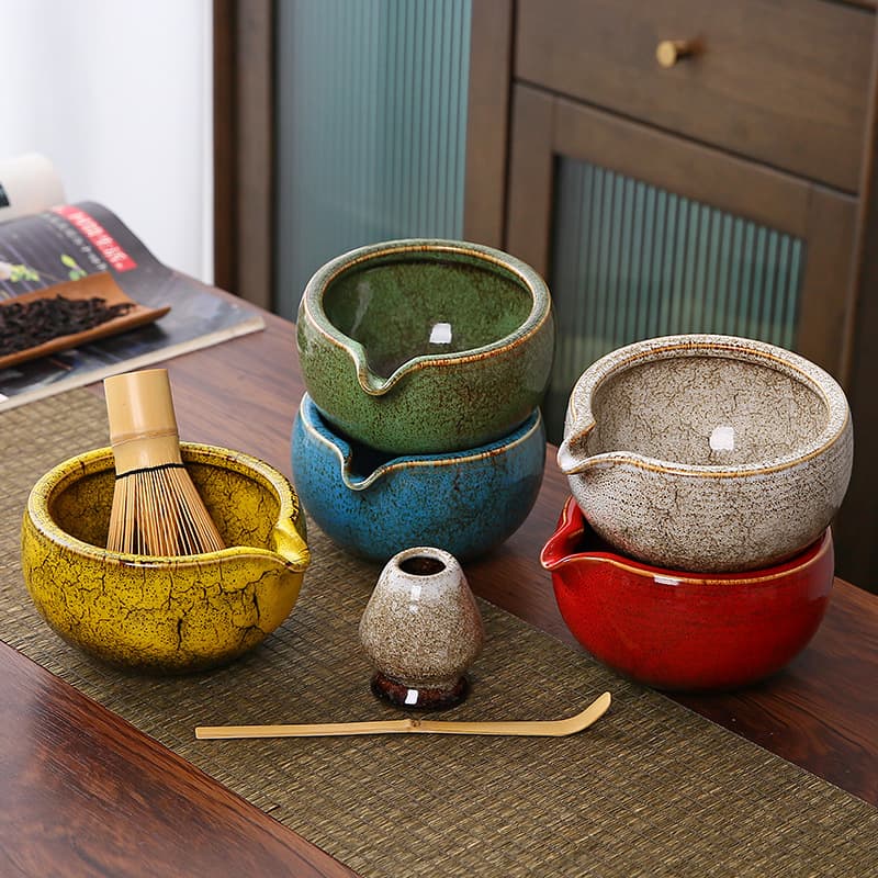 Matcha Bowl with Kiln-Transformed Ceramic, Japanese Matcha Whisk Set Tools, Matcha Whisk Brush, Hyakuhon-stand for Song Dynasty Tea Ceremony