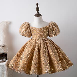 Yellow Children's 1-Year-Old Birthday Dress Puff Sleeve Princess Sequin Trendy Baby Girl Birthday Banquet Performance Gown