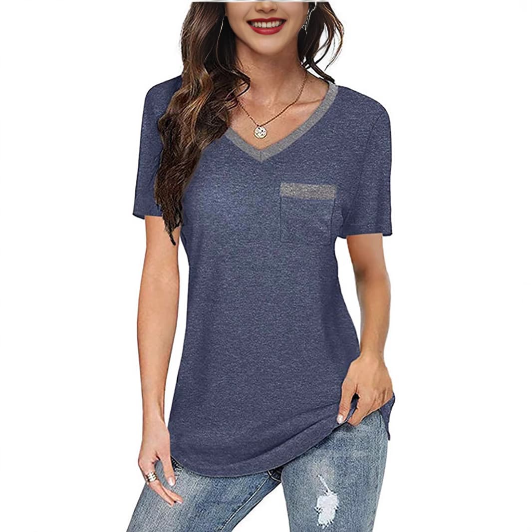 Amazon Export Short Sleeve Top, European and American Sweet Style Casual Summer T-shirt for Women, Solid Color Patchwork Knit Top