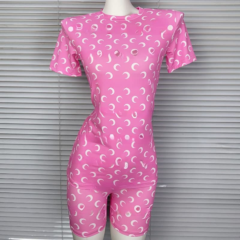 Nanyou Original Fabric Marine Pink Moon Print T-Shirt Barbie Pink 26 Summer Thin Stretch Crew Neck Short Sleeve Leather Top