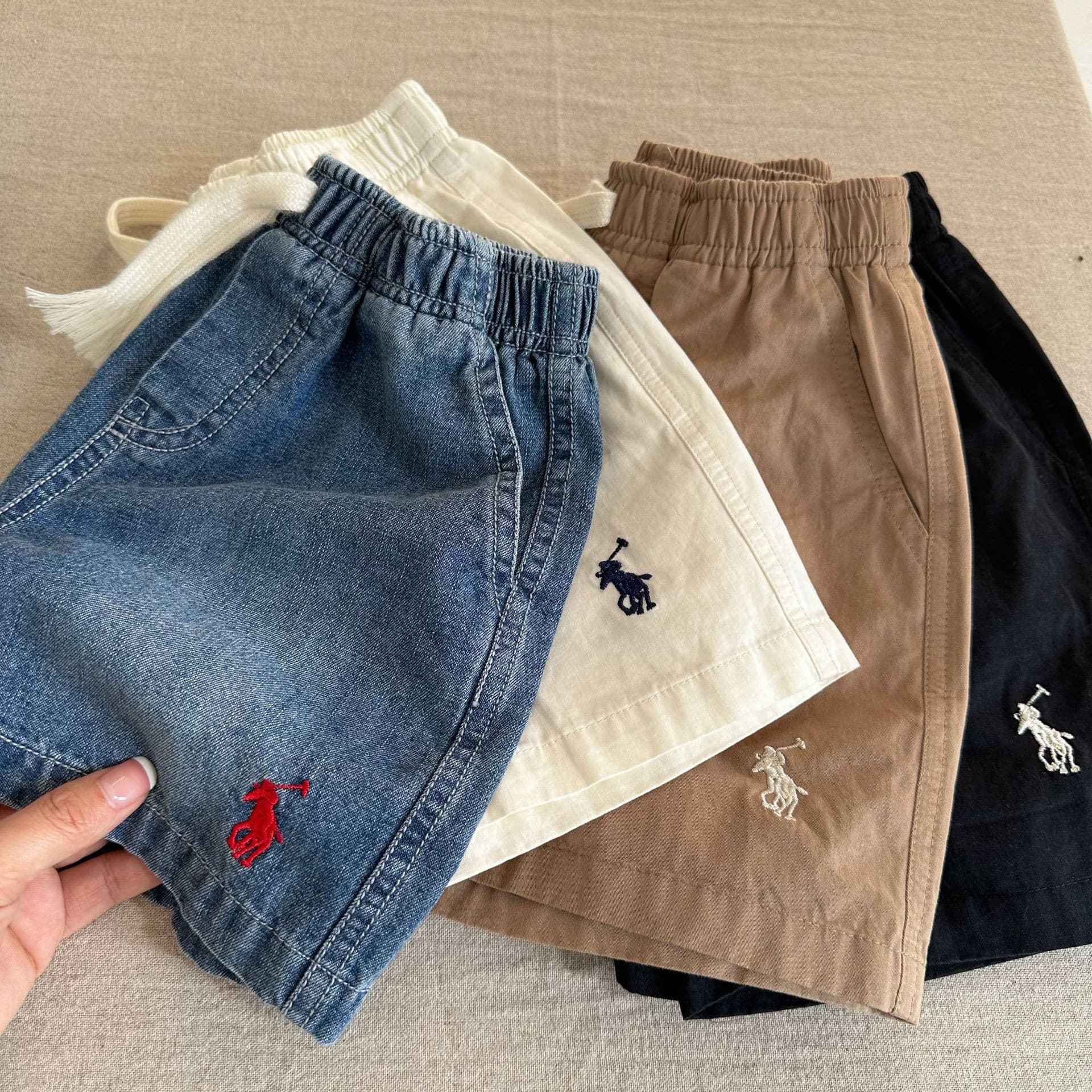 In Stock Children's Shorts 2025 Summer New Arrival Boys and Girls Solid Color Embroidered Shorts Baby Denim Five-Point Pants Trendy