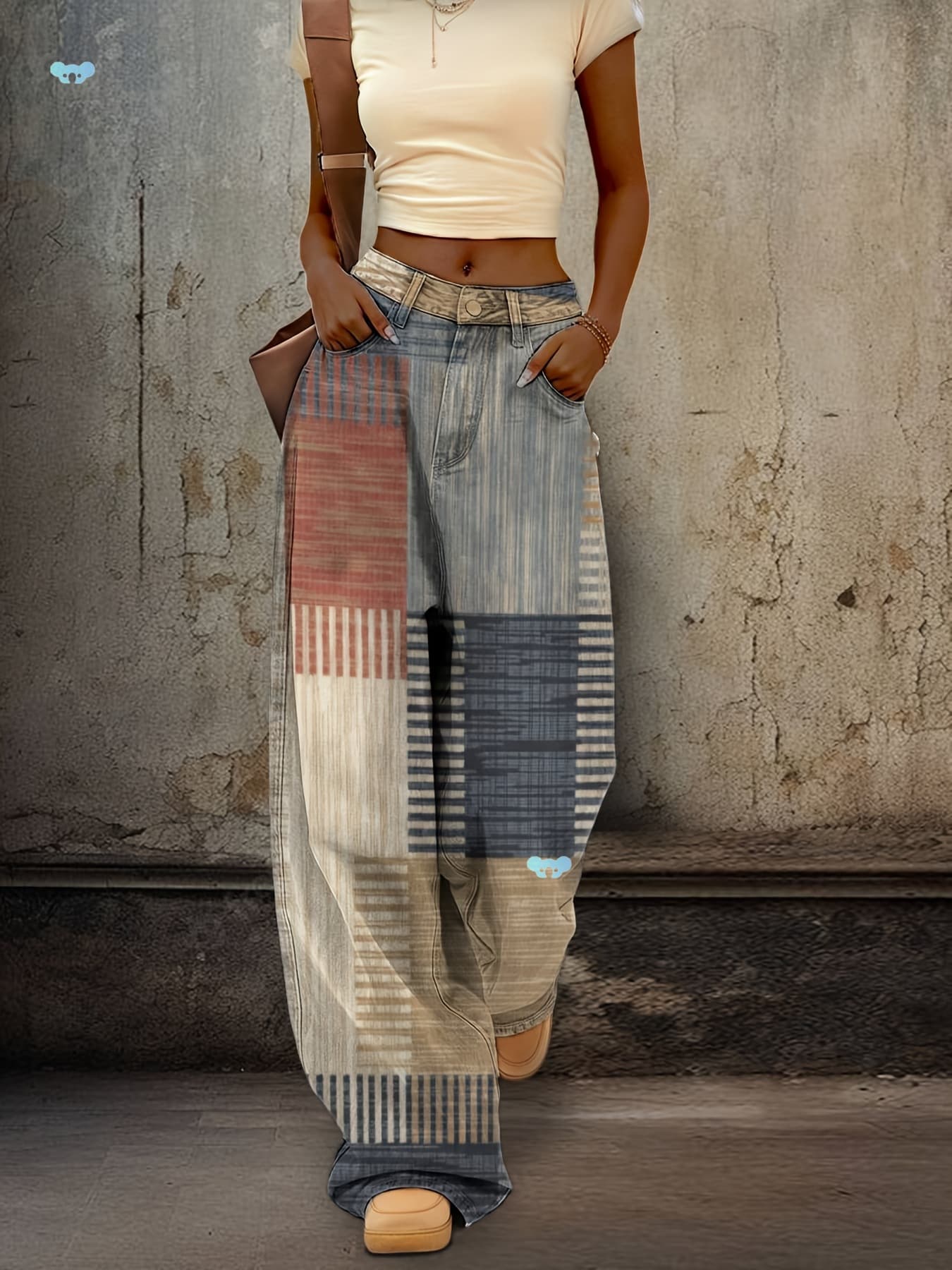 Women's Retro 3D Print Wide-Leg Jeans - Ombre Wash Denim