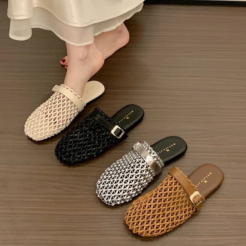 Round Toe Woven Hollow Mule Shoes for Women 2026 Summer New Style Toe Cap Belt Buckle Half Slippers Slip-On Outdoor Sandals