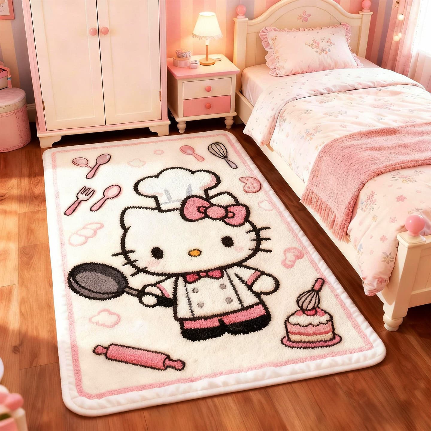 Cute Hello Kitty Bedroom Rug, Thick Warm Floor Mat for Kids Room, Long Carpet, Cat Pattern Door Mat