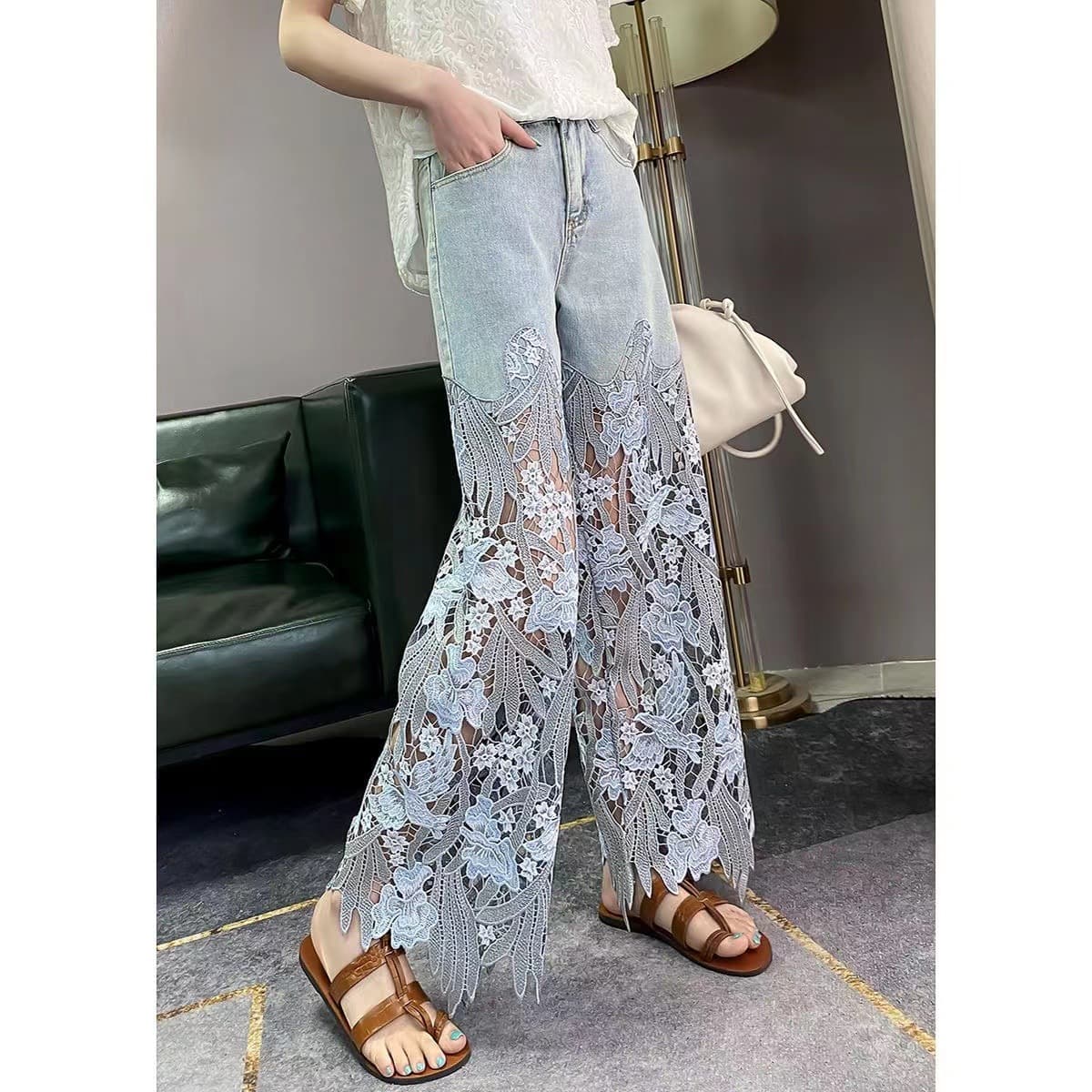 Luxury Hollow Lace Patch Wide-Leg High-Waist Blue Jeans for Women Summer New Trendy Slim Straight-Leg Long Pants