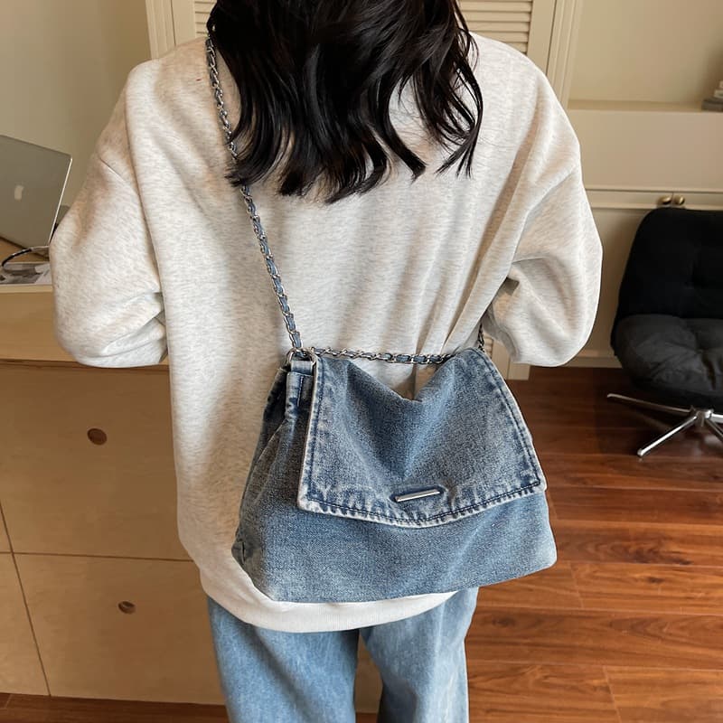 Korean-style Large-Capacity Denim Tote Bag for Female College Students, Casual Shopping Bag 2025 Commuter Single-Shoulder Crossbody Bag