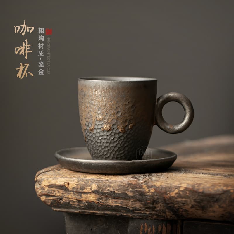 Retro Gilt Coffee Cup and Saucer Set Stoneware Hammer Pattern Mug Home Office Afternoon Tea Cup Breakfast Milk Cup