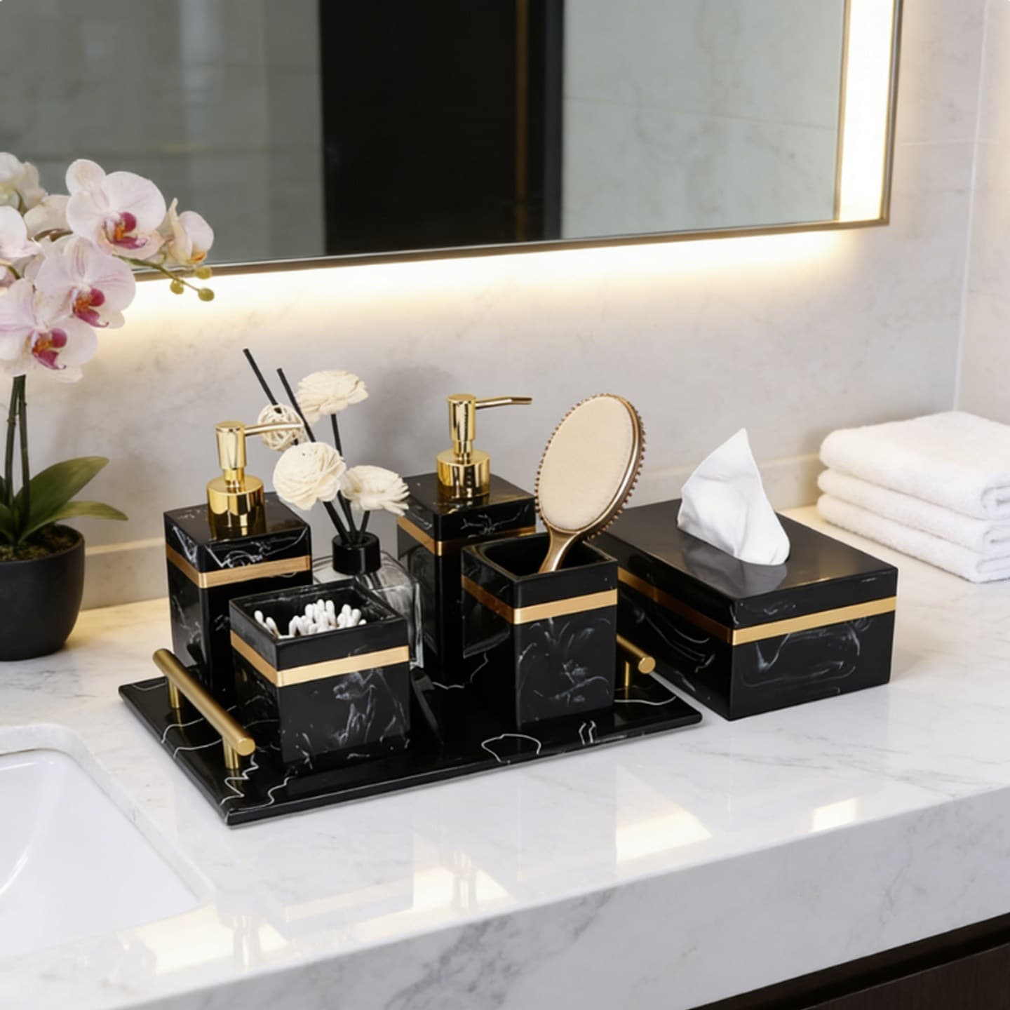 Marble Bathroom Vanity Set Soap Dispenser Tissue Box Tray Combo Showroom Bathroom Kit