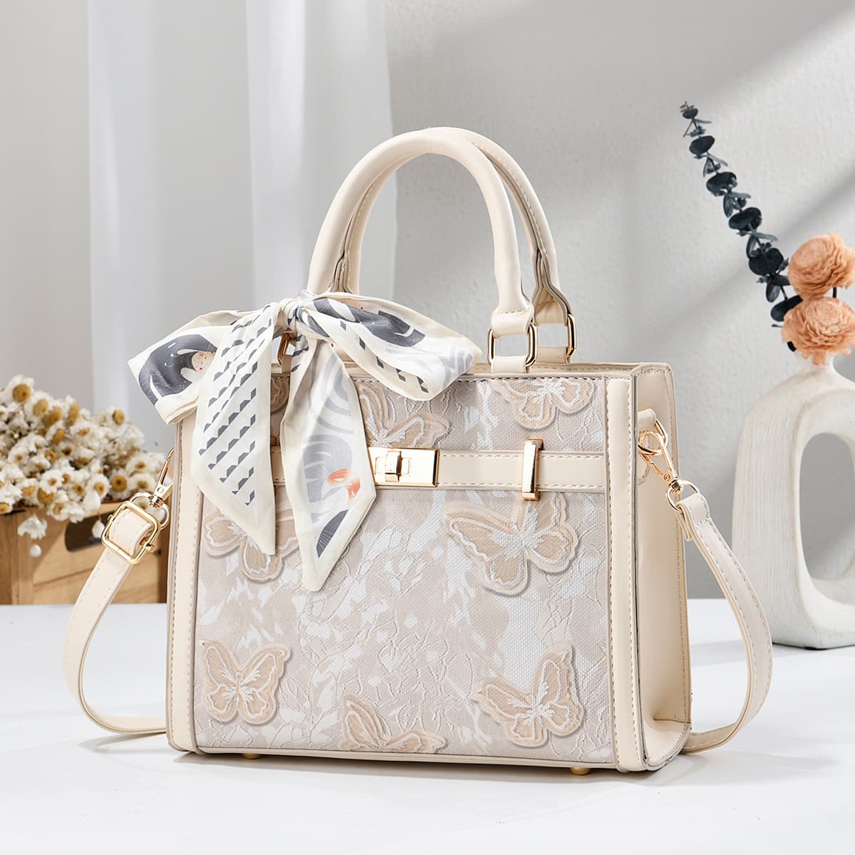 National style butterfly pattern embroidery portable square bag with metal lock and silk scarf factory direct sales hot-selling source bag niche design
