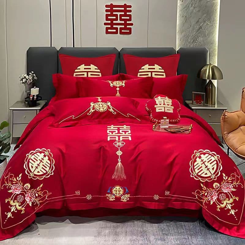Wedding four-piece set, bright red embroidered duvet cover, wedding bed, wedding dowry, festive bedding, sheets, fitted sheet set