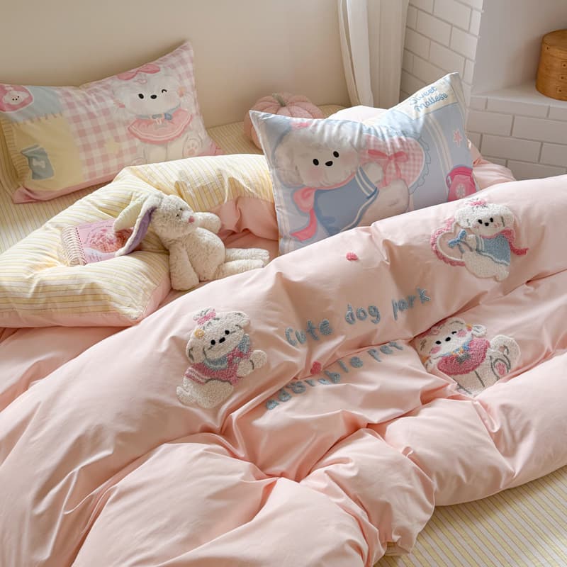 Cute Cartoon Pure Cotton Washed Cotton 4-Piece Set, Girly Cotton Student 3-Piece Set, Duvet Cover, Bed Sheet, Bedding