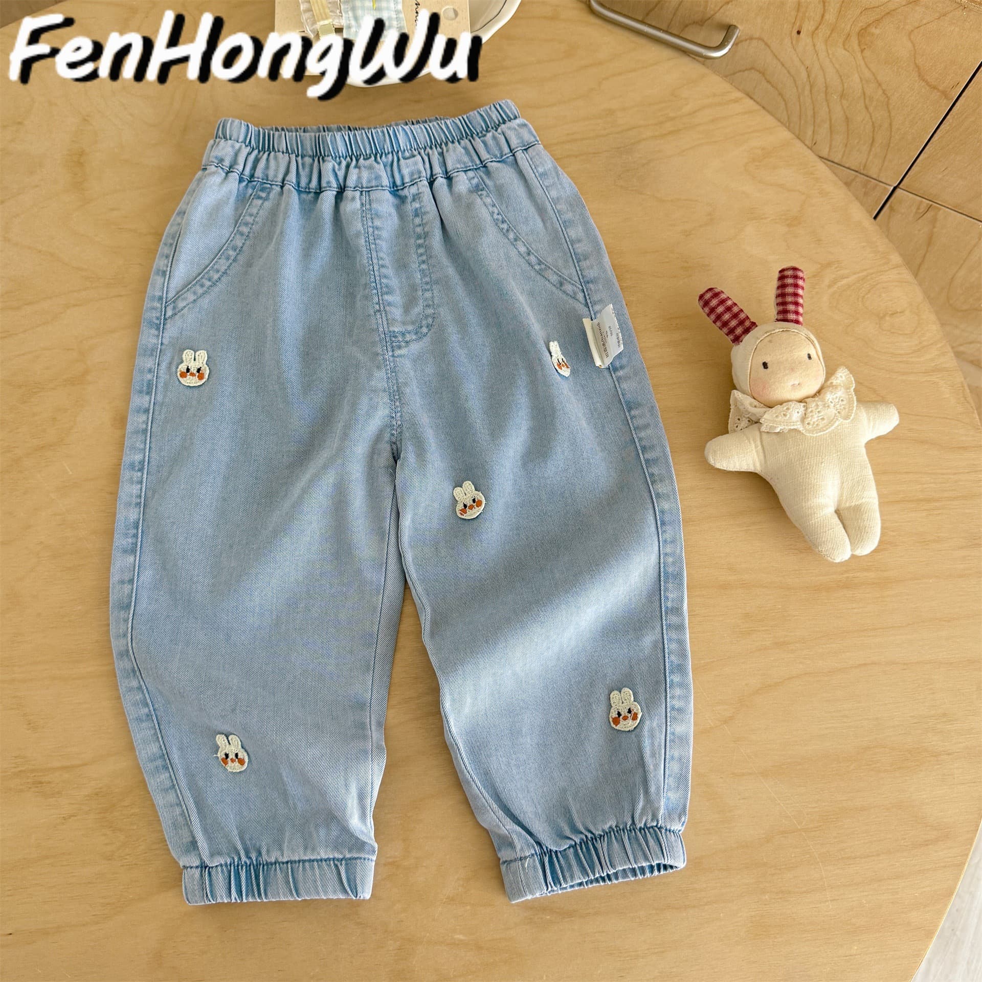 [Pink House] Girls Summer Casual Cropped Pants, Baby Spring/Autumn Mosquito-Repellent Denim Jeans