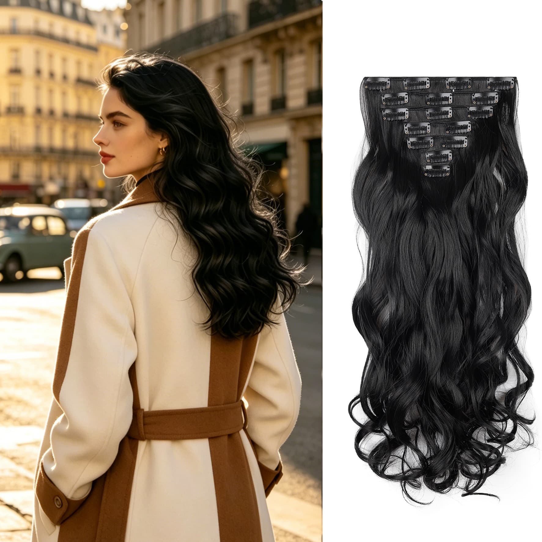 Cross-border Trade Hair Extensions Long Curly Big Wave Seven-Piece Set Synthetic Hair Extensions with 16 Clips Long Curly Hair