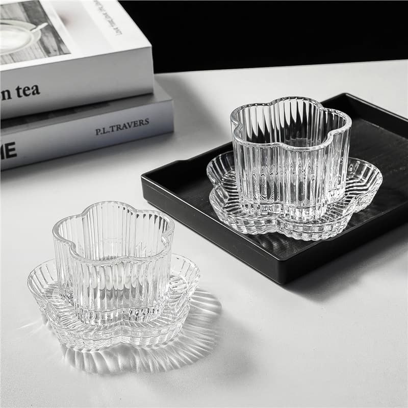 Striped Pattern Glass Bowl and Plate Set Dessert Bowl Fruit Yogurt Bowl Ice Cream Bowl Sugar Water Bowl Swivel Glass Cup