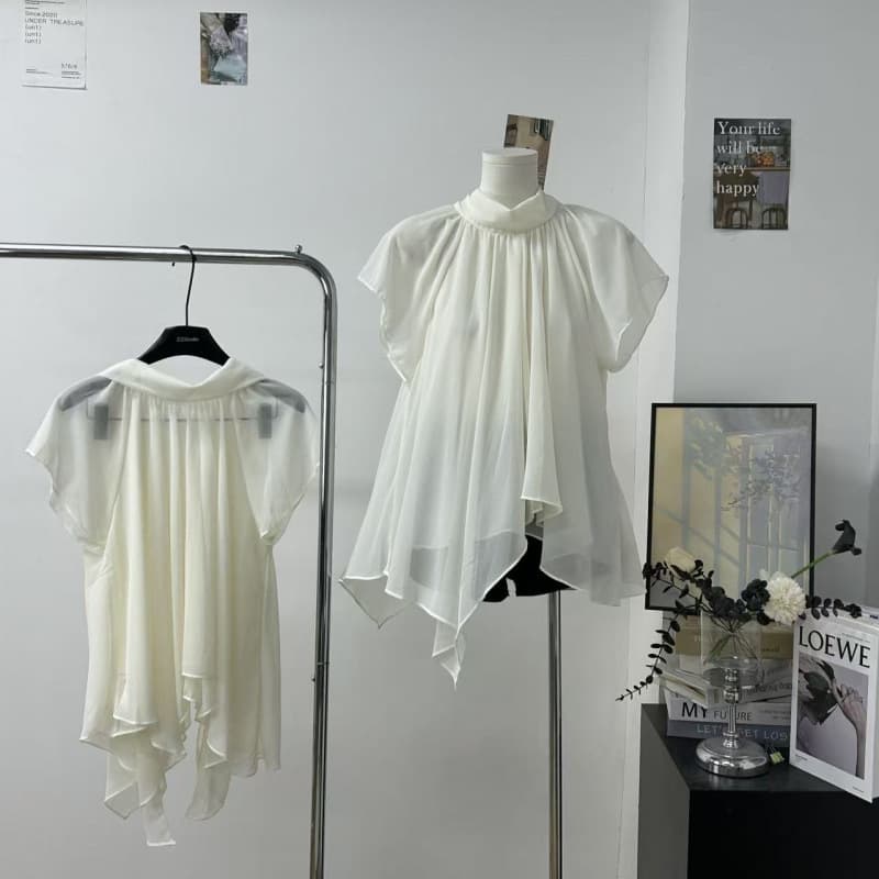 Xie Bu Rou Half High Stand Collar Ruffled Flutter Sleeve Chiffon Blouse for Women Summer Gentle Age-Defying Irregular Loose Top