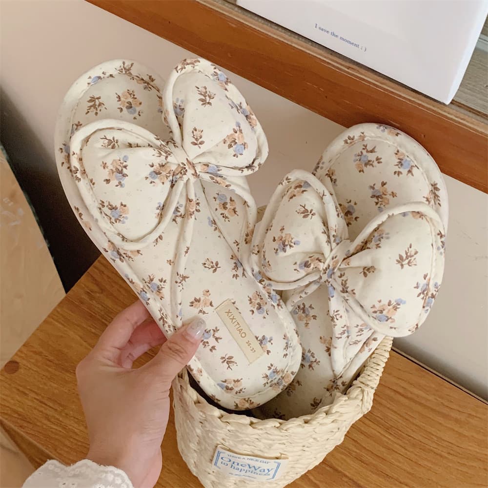 Sweet Floral Butterfly Knot Floor Slippers New Women's Bedroom Home Absorbent Four Seasons Universal Cotton Linen Slippers