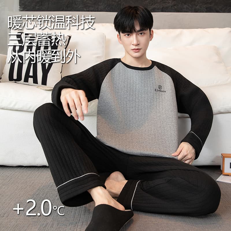 Men's Pajamas Autumn/Winter Thick Air Cotton Lined Casual Oversized Homewear Set, Suitable for Outdoor Wear
