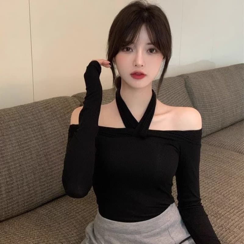 2x2 Rib 250g Off-Shoulder Halter Sexy Top Women Long Sleeve T-Shirt Brushed Winter Autumn Design Top