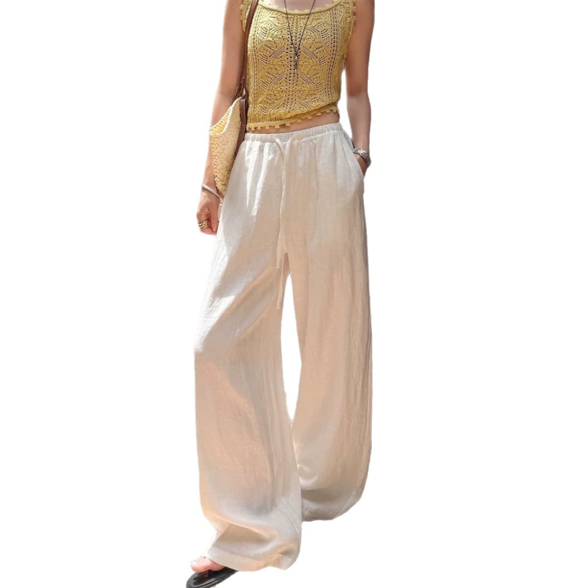 Vintage Linen White Pants for Women Summer Thin Loose Casual Cotton Linen Ramie Flax Feel Ice Silk Wide Leg Pants