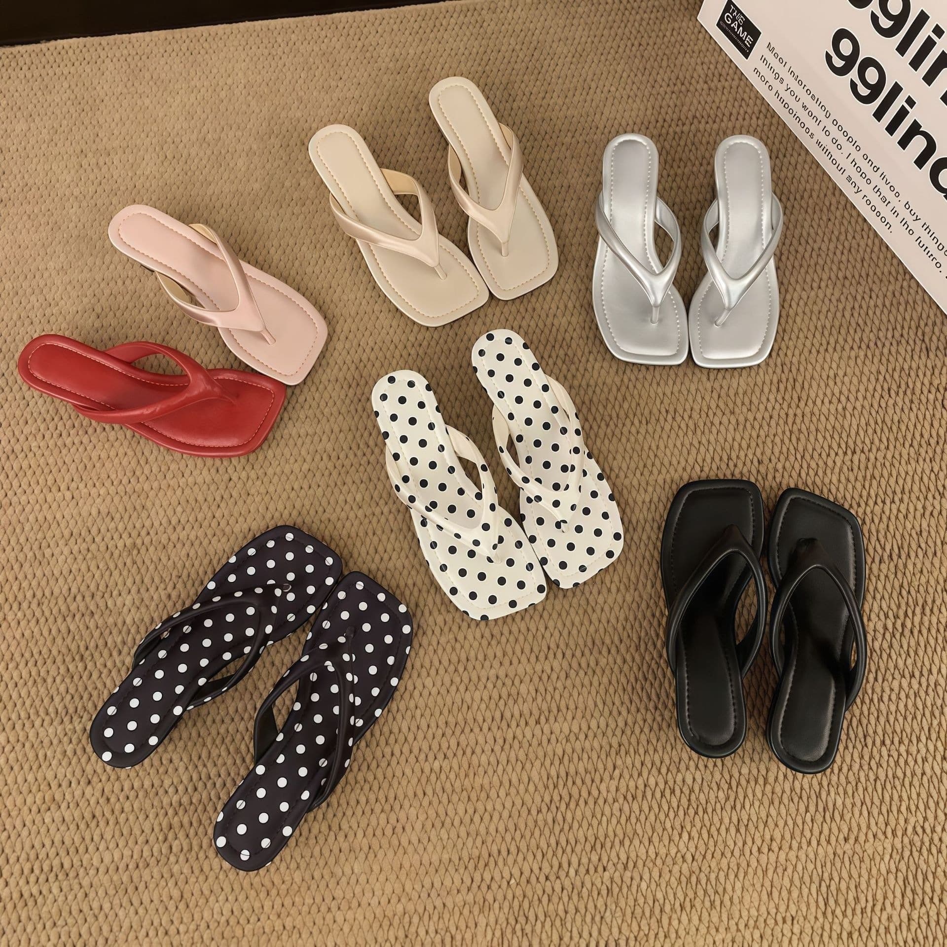 Women's Retro Polka Dot Flip-Flops, Korean Style Open Square Toe High-Heel Wedge Sandals