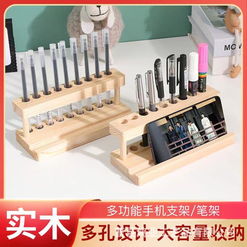 Wooden Pen Holder Organizer Office Solid Wood Phone Stand Multifunctional Slanted Multi-Hole Pen Rack Display Stand Decoration
