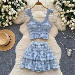 Cross-Border Women's Summer Set Ruffle V-Neck Camisole Short Set Casual European and American Style Women's Summer Complete Set
