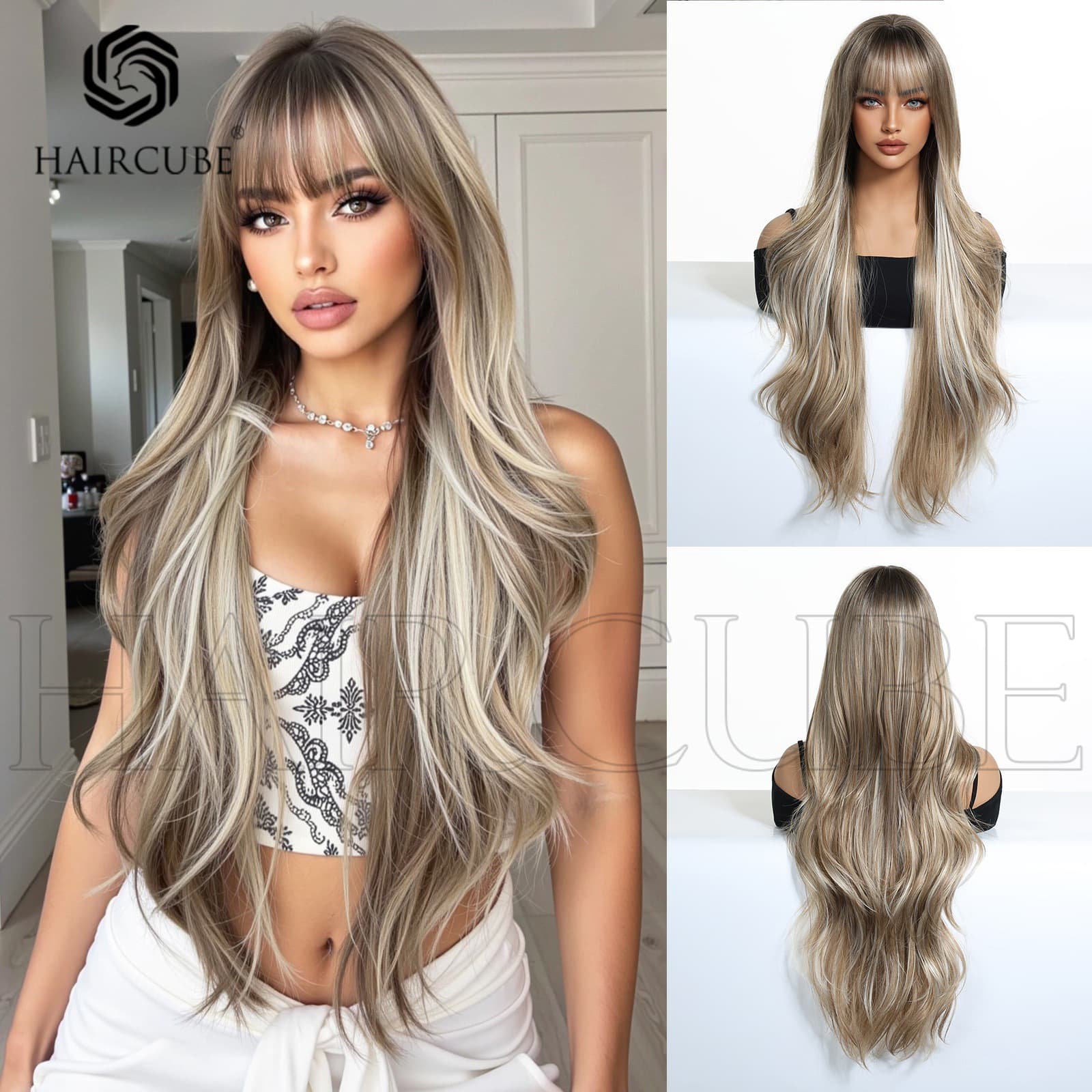 European and American Cross-Border Wigs for Women with Big Waves and Highlights, Full Headgear with Bangs, Long Curly Hair, Ready-Made Factory Wholesale Wigs