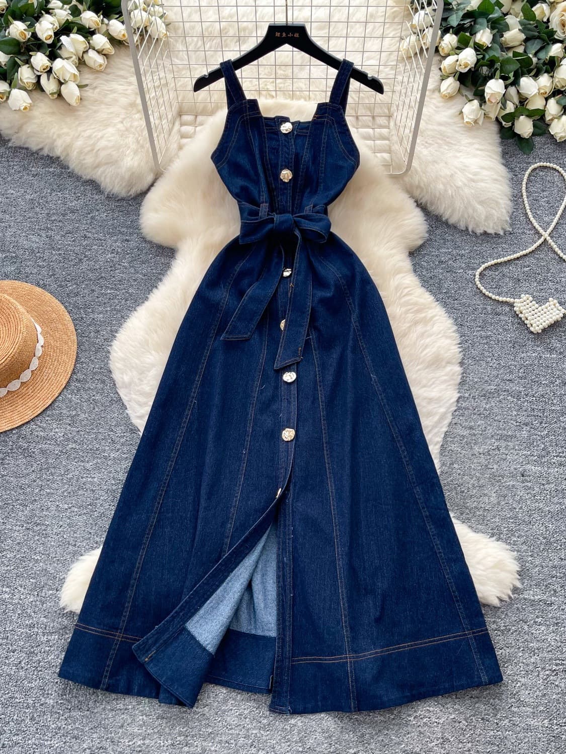 Retro style denim suspender simple dress women's summer button decoration lace-up waist A-line long skirt for commuting