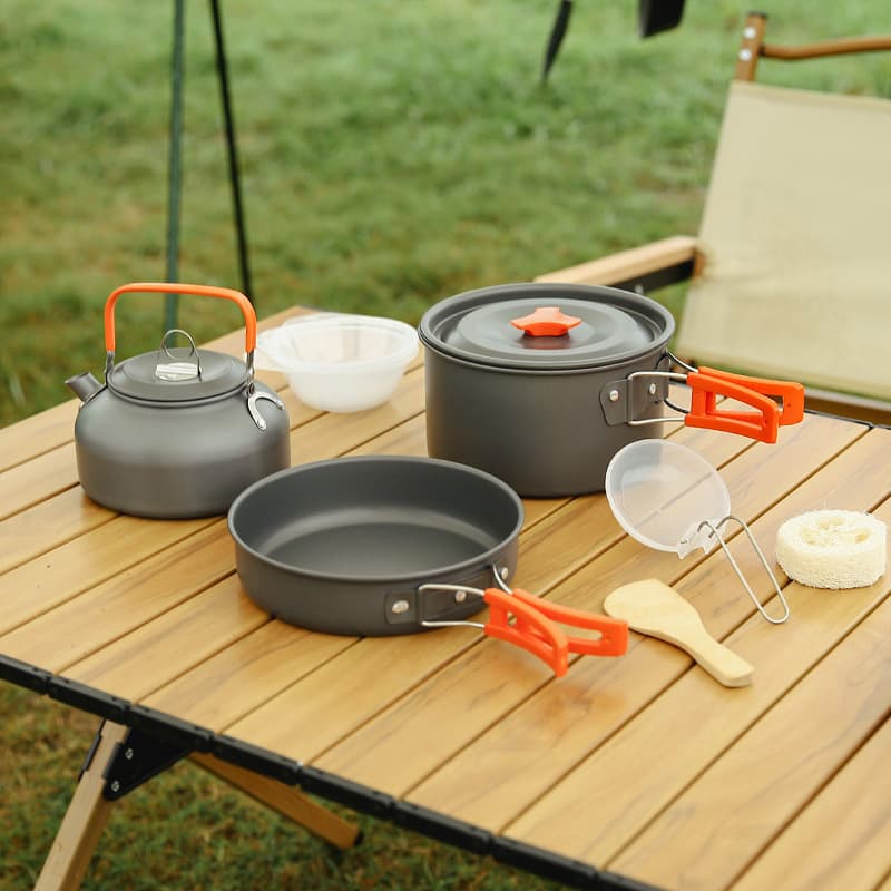 Outdoor cookware set for 2-3 people, including cooking utensils, teapot, barbecue, non-stick cookware, and camping tableware. (308 set)
