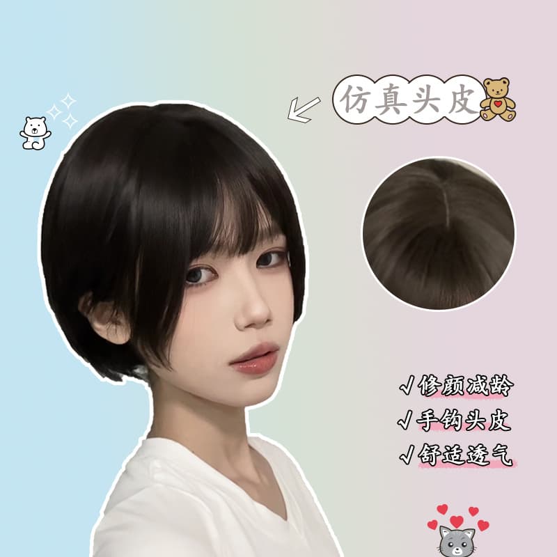 Bob wig, short hair, women's full-head wig, natural and fashionable, round face, collarbone-length hair, air bangs wig