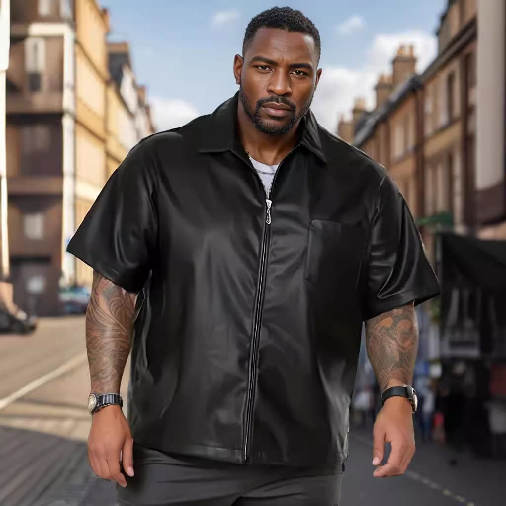 Black cool PU leather jacket zipper short-sleeved thin trendy men's Black PU leather jacket shirt