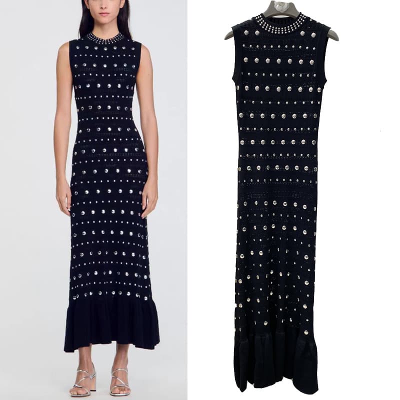 French S-brand hot-fix rhinestone over-the-knee dress, thin style niche ice silk knit dress for women, 2025 summer in-stock hot item