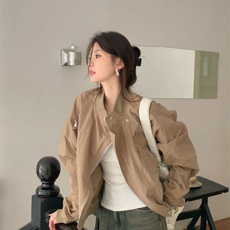 Chinese Trend Unisex Zipper Long Sleeve Patchwork Stand Collar Trench Coat Women Spring Loose Slimming Jacket Top