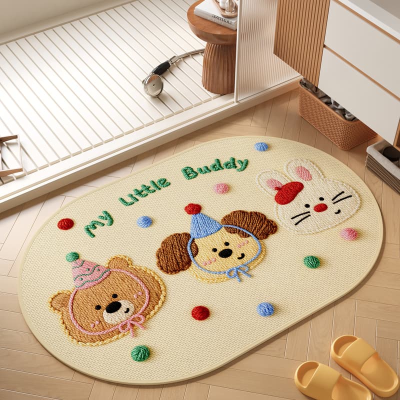 Cartoon Linen Woven Bathroom Floor Mat, Quick-Dry Absorbent Foot Mat, Durable Non-Slip Mat for Bathroom