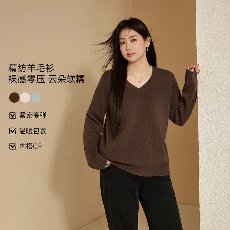 [Comfortable and Soft Sheep Wool Sweater] Qianlixiu Plus Size Women's Gentle V-Neck Top, New Winter Style for Curvy Women
