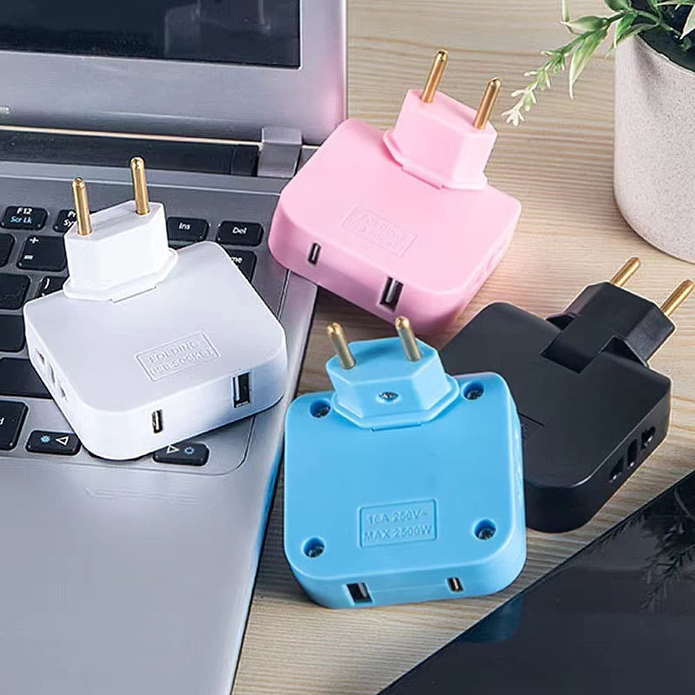 European Standard Rotatable Plug Adapter, 180-Degree Swivel, Multi-Port with USB and Type-C, EU Converter Socket