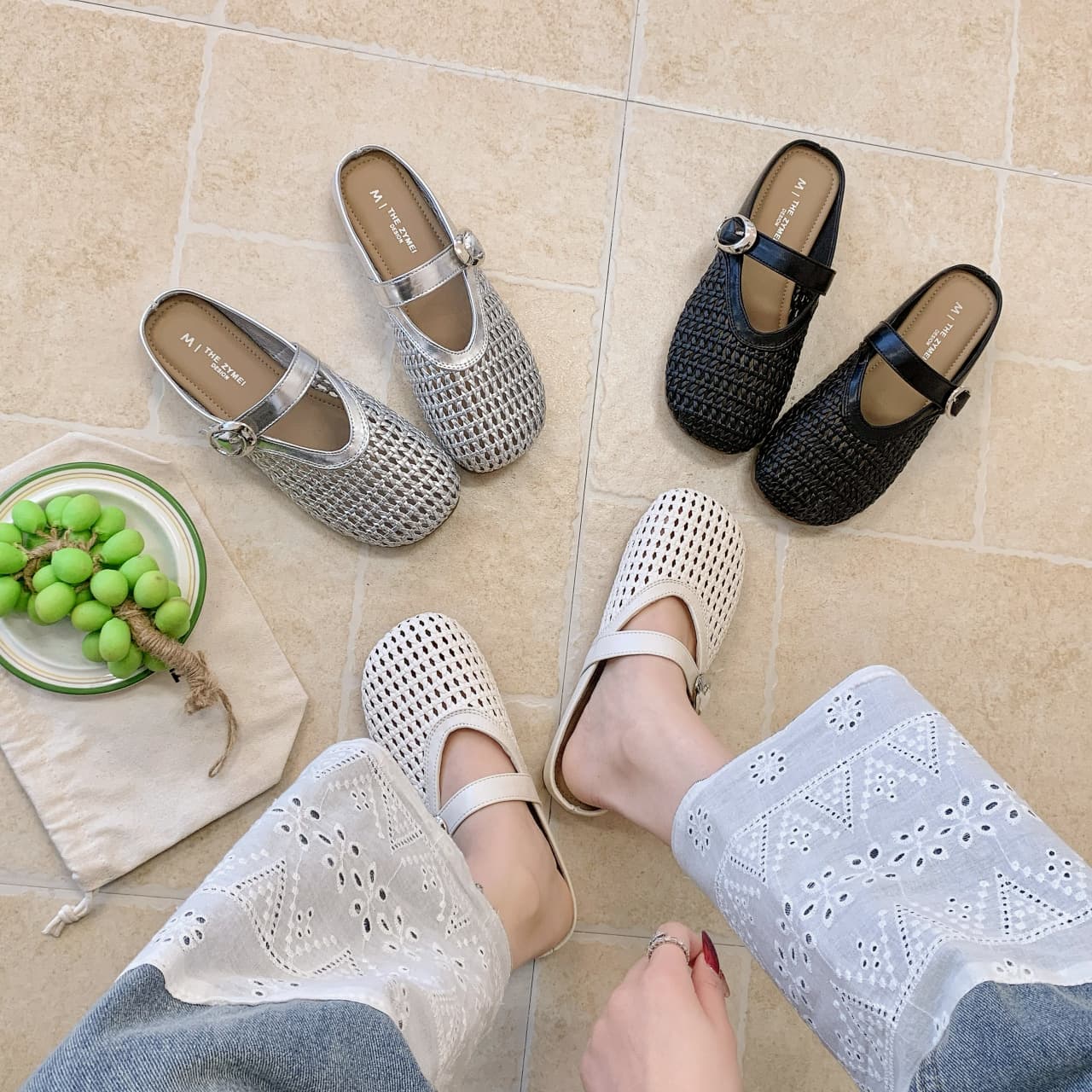 White Closed-Toe Half Slippers for Women 2026 Summer New Arrival Woven Mesh Versatile Comfortable Beach Sandals