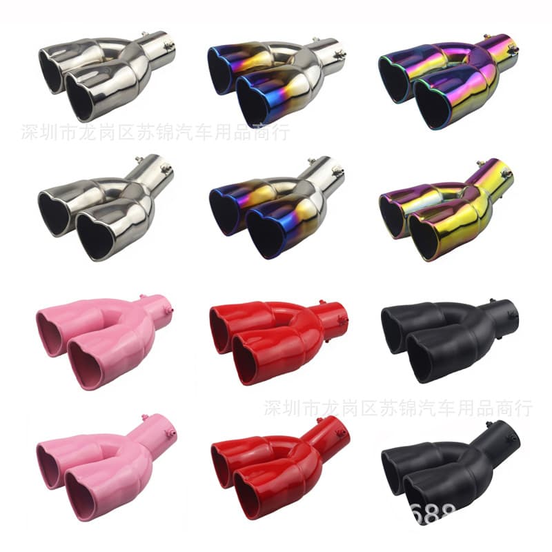 Car modification universal 63mm dual-outlet heart-shaped tail throat thickened stainless steel love color exhaust pipe silencer