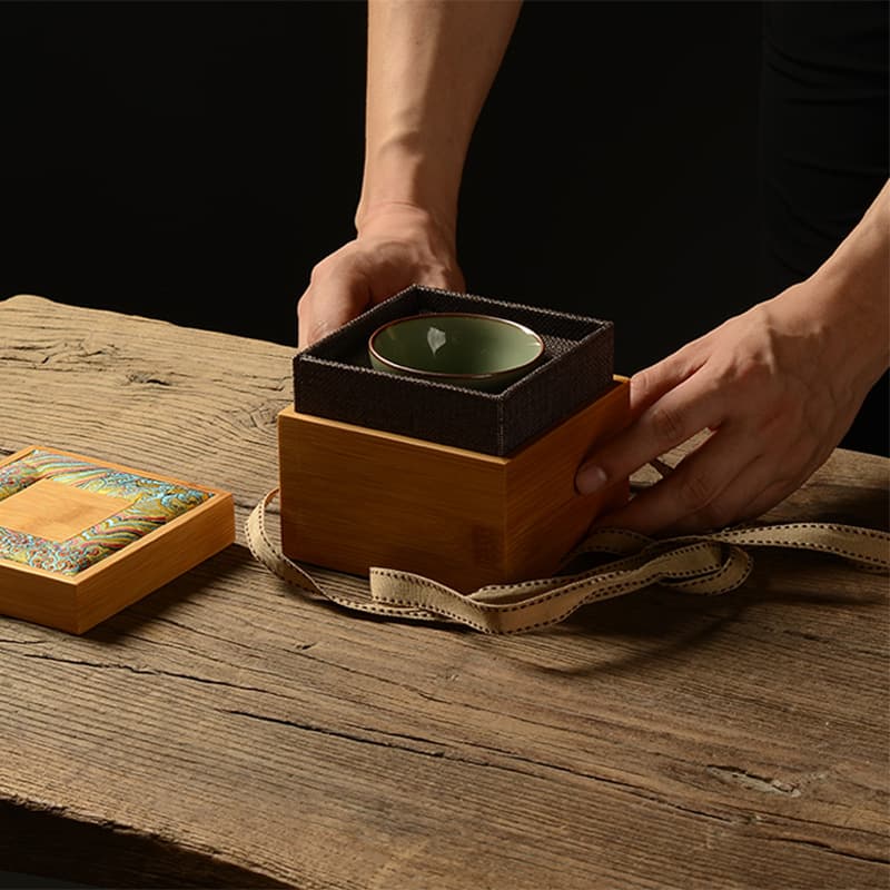 Yellow water ripple bamboo box, square single cup, Jianzhan teacup, master cup, bamboo and wood box, small ornament storage, gift teacup box
