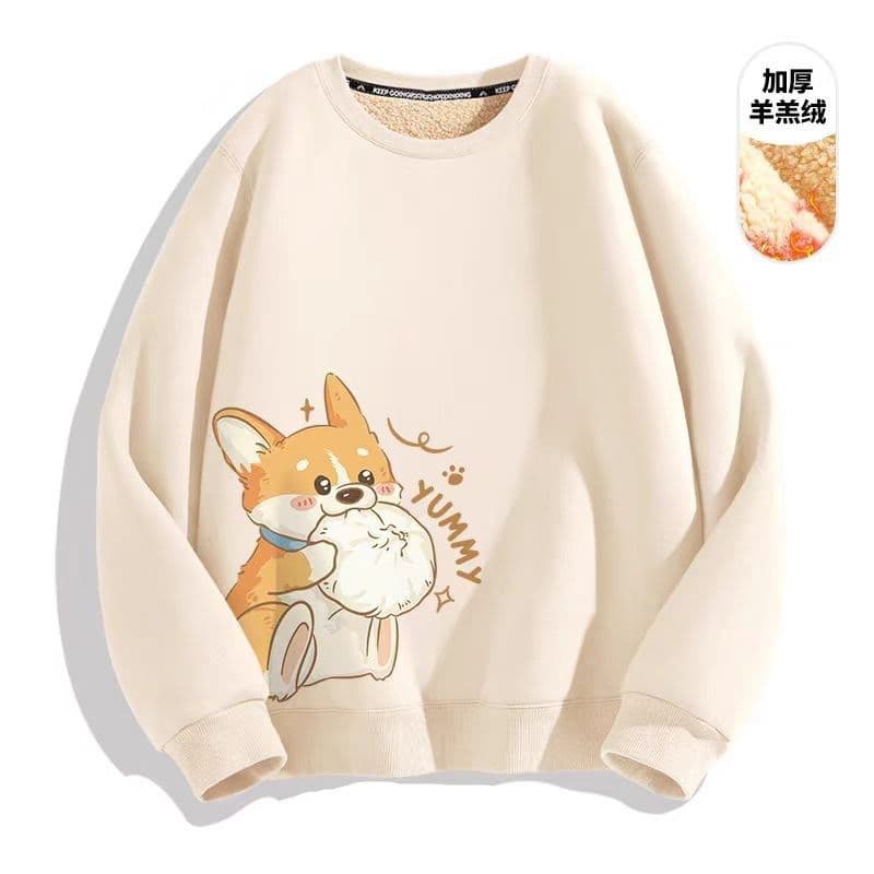 Winter Fleece-Lined Thickened Sweatshirt for Men, Corgi Round Neck Top, Loose Couple Pullover, No Hood, Male Coat, Ins Style 1/2
