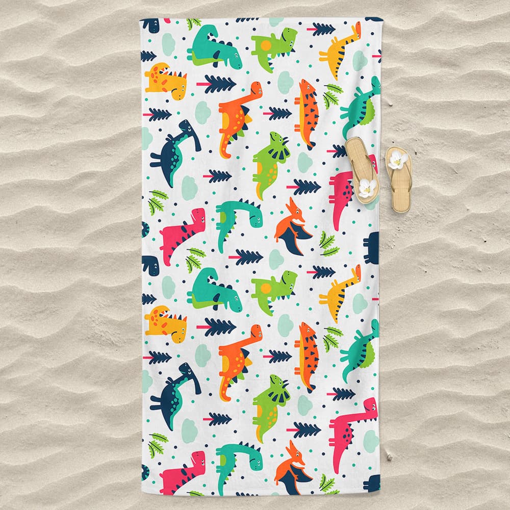 Cross-border TEMU supply microfiber cartoon dinosaur colorful 3D printing quick-dry beach towel, bath towel, wrap towel
