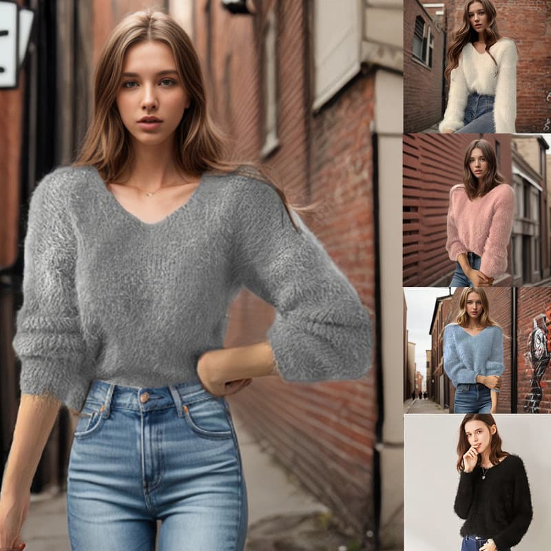 Cross-border Amazon sweater new loose autumn and winter European and American V-neck pullover solid color women's sweater imitation mink velvet thick