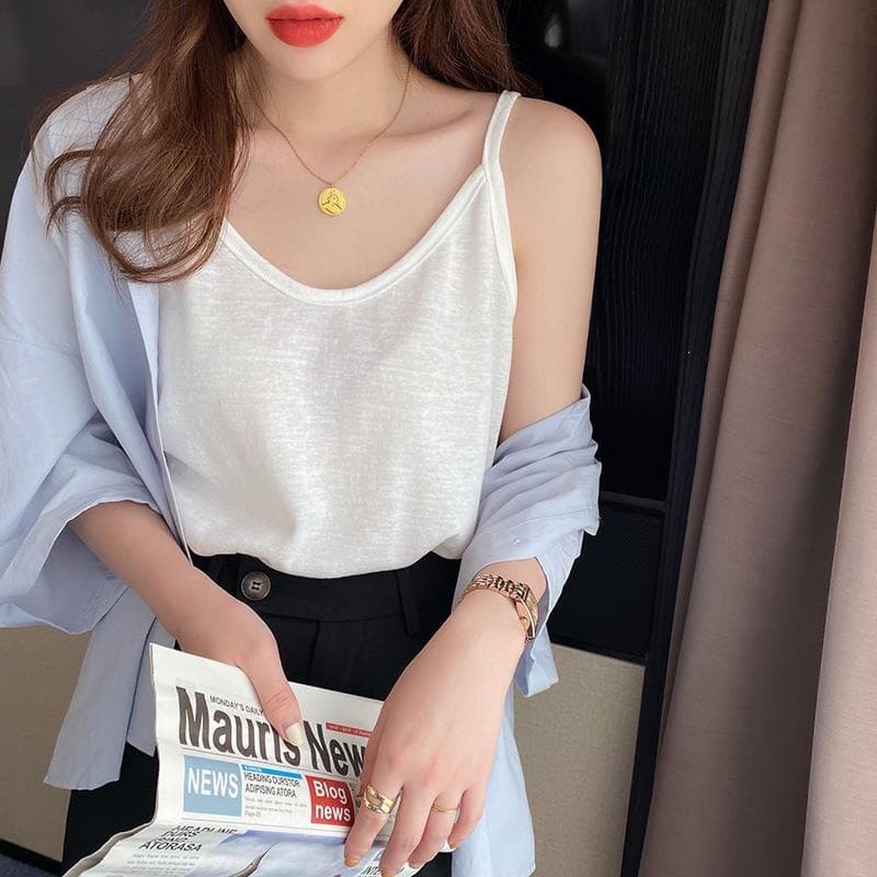 Women's Summer Camisole Vest Top, White Sleeveless T-Shirt, Black Cotton Linen Undershirt, Commuter Style Tencel Fabric