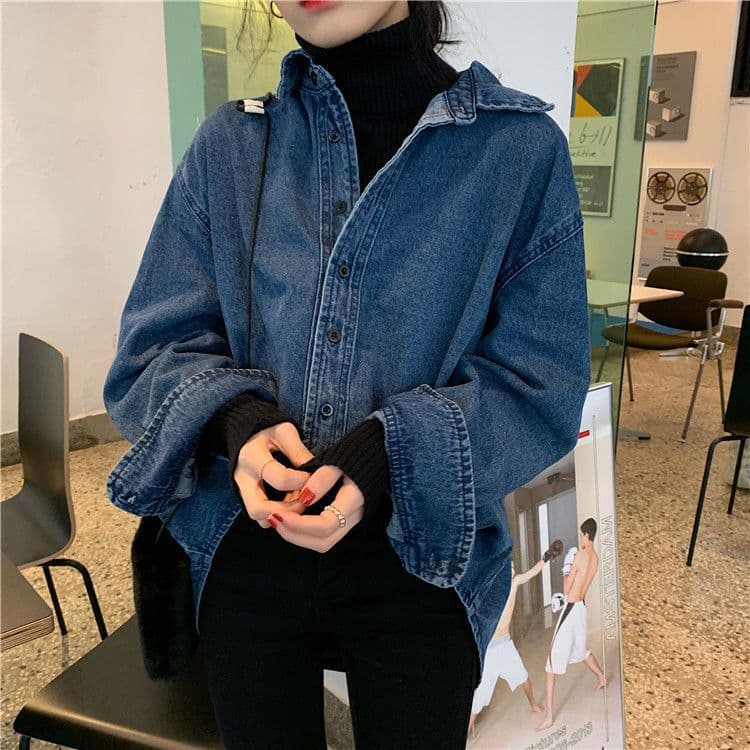 Long-sleeve top with design sense, niche versatile shirt jacket, spring/fall new Korean style plus size denim shirt for women
