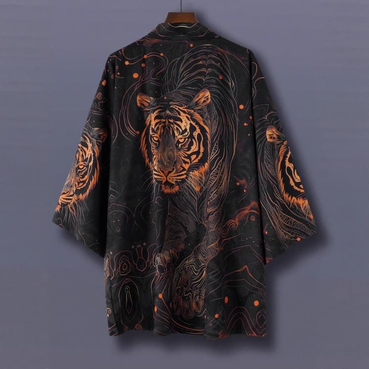 Unisex Kimono Cardigan Couple's Thin Outerwear with European-American Tiger Head Print, Street Style Cool Loose Shirt Thin Jacket