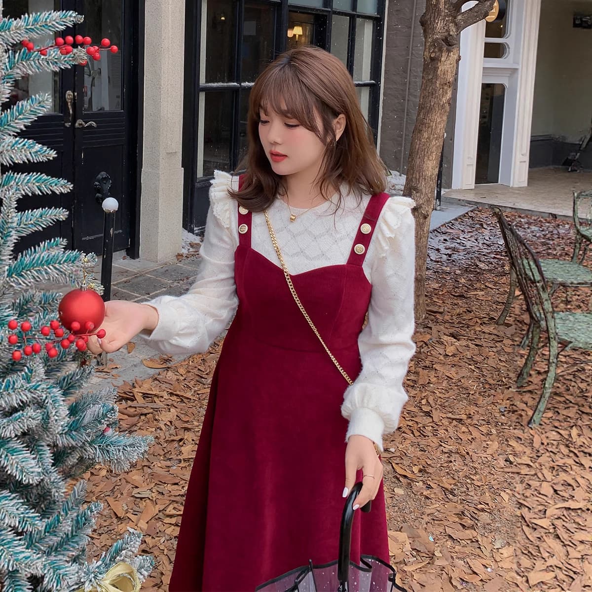 k2209 Plus Size New Year Fashion Casual Set Strappy Dress + Lace Base Shirt Red Dress Two-Piece Set