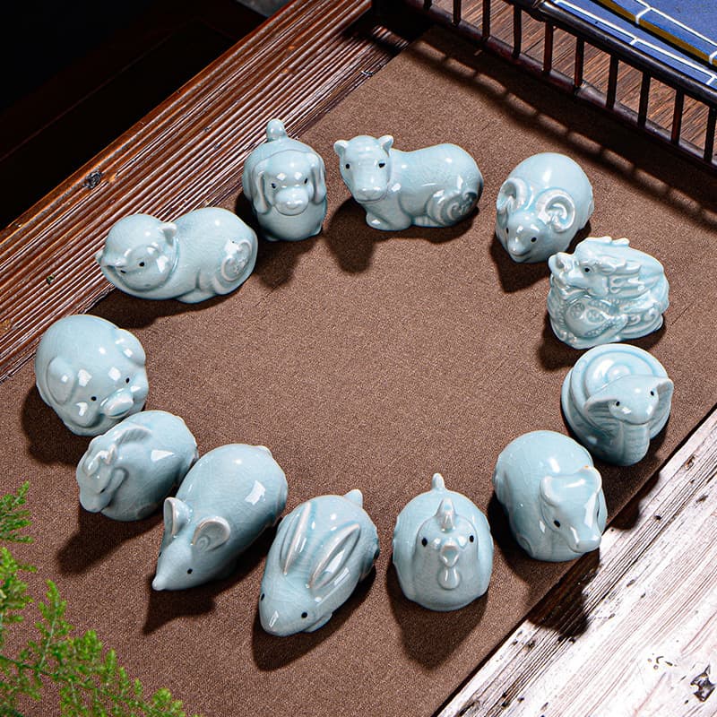 Ceramic Twelve Zodiac Small Ornament Ru Kiln Small Ornament Craft Gift Desktop Decoration Tea Pet Maintainable Cracked Glaze Tea Fun